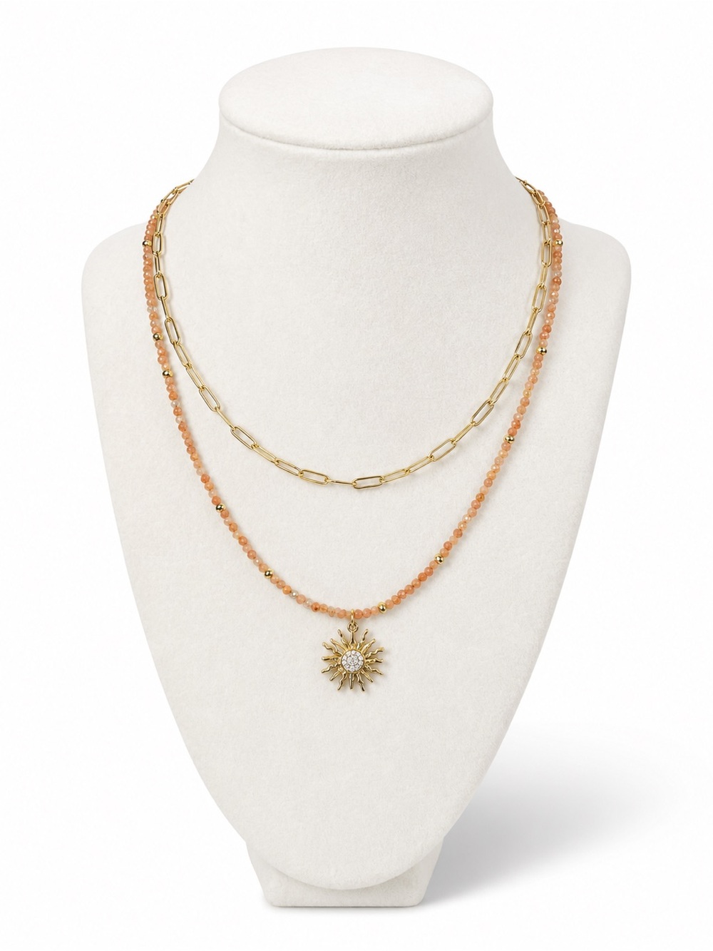 Handmade Sunstone Layered Necklace with Sun Pendant